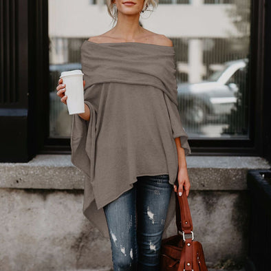 Women's Off Shoulder Top Asymmetric Overlap Solid Poncho Pullover Fashion Clothing Ladies Casual Fall T-shirt Tops