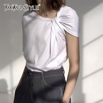 TWOTWINSTYLE Ruched Basic T Shirt For Women Short Sleeve Big Size Irregular White T Shirts Top 2019 Summer Fashion New Clothing