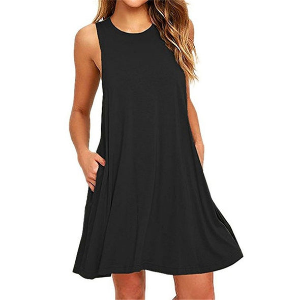 Summer Cotton Dress Women Sleeveless Beach Black Dress Casual Mini Pocket Loose Dress Female Plus Size Dress Fashion Clothing