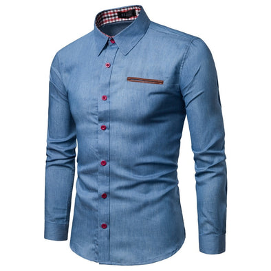 2019 new fashion brand men's shirt denim shirt dress shirt long-sleeved slim men's casual shirt men's clothing
