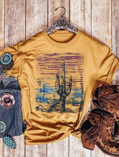 2019 Fashion Summer Tops Women T-shirt O-Neck Cactus Sunset Short Sleeve T-Shirt Casual Clothing Ladies Tee Tops Female Tees