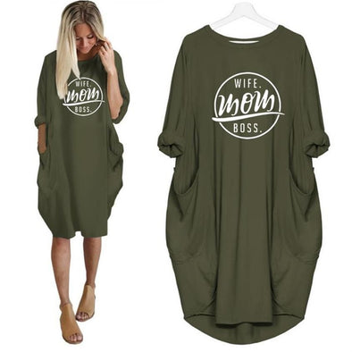 Women T Shirt Clothing  Fashion Women WIFE MOM BOSS Letters Print Plus Size T Shirt Spring Autumn Pocket Long Sleeve  Tee Dress