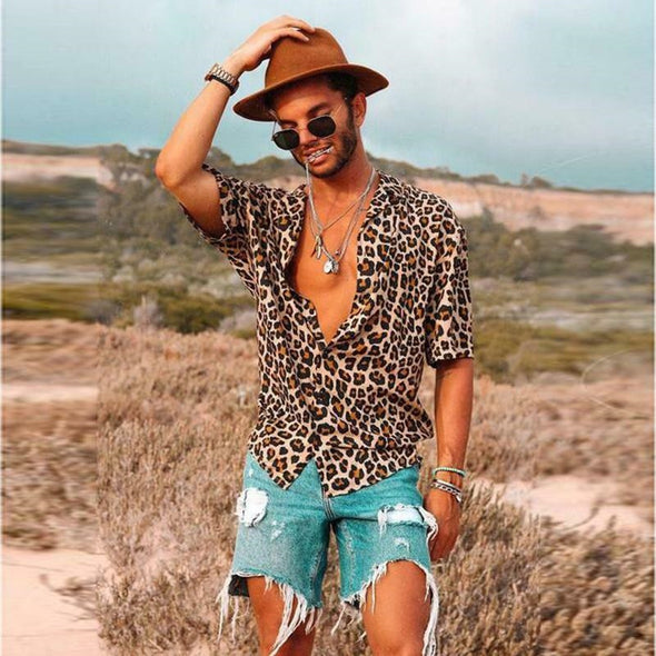 2019 Sexy Fashion Men's Shirts Dress Short Sleeve Lapel Collar Leopard Print Tee Tops Male Camisas Chemise Big 3XL Men Clothing
