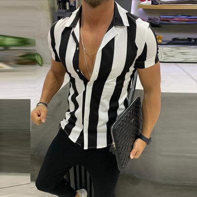 Striped Shirts Streetwear Men Casual Shirts Printed Homme Short Slim Fit Men Male Fashion Blouse Shirt Men's Clothing 2019 z0605