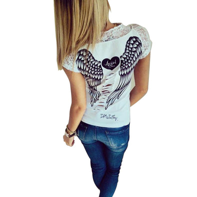 Summer Fashion Shirt Female T-shirt Vest Angel Wings T-shirt Top Casual Women's Lace Short-sleeved Shirt T-shirt Clothing